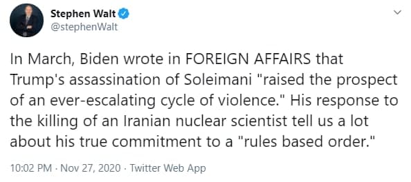 واکنش بایدن نسبت به ترور دانشمند ایرانی میزان پایبندی وی به "حاکمیت قانون" را نشان می دهد.